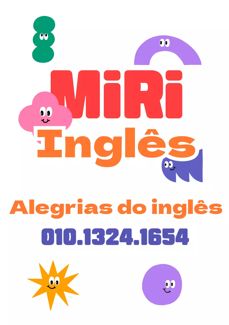 Um desenho promocional para uma escola de inglês com uma variedade de personagens coloridas.