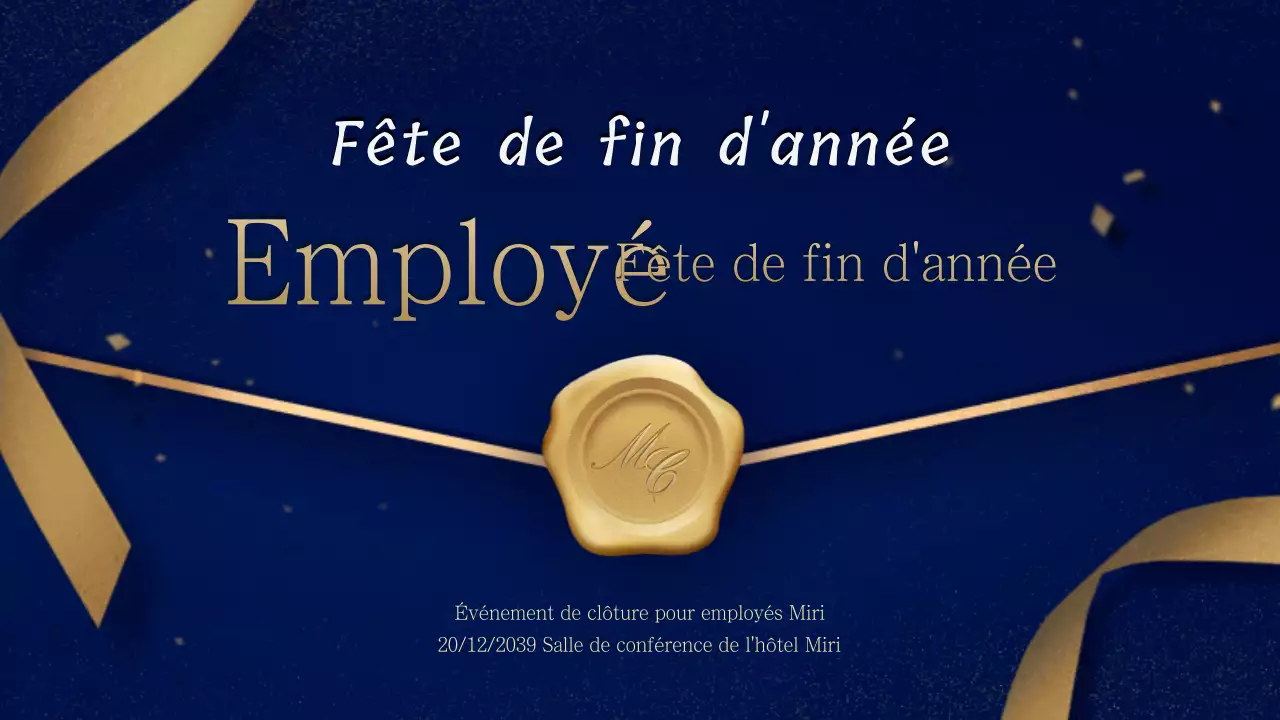 Une invitation or et marine à une fête de fin d'année avec un ordre de service cérémonieux
