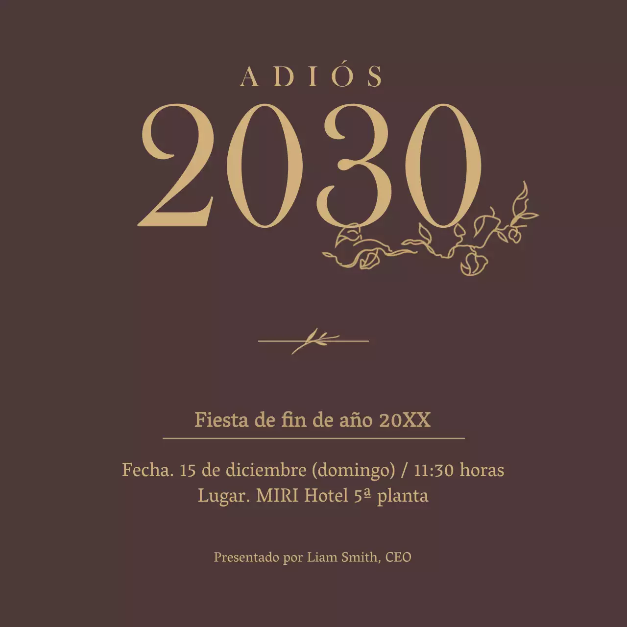 Invitación de fin de año en marrón y ocre con un concepto sencillo