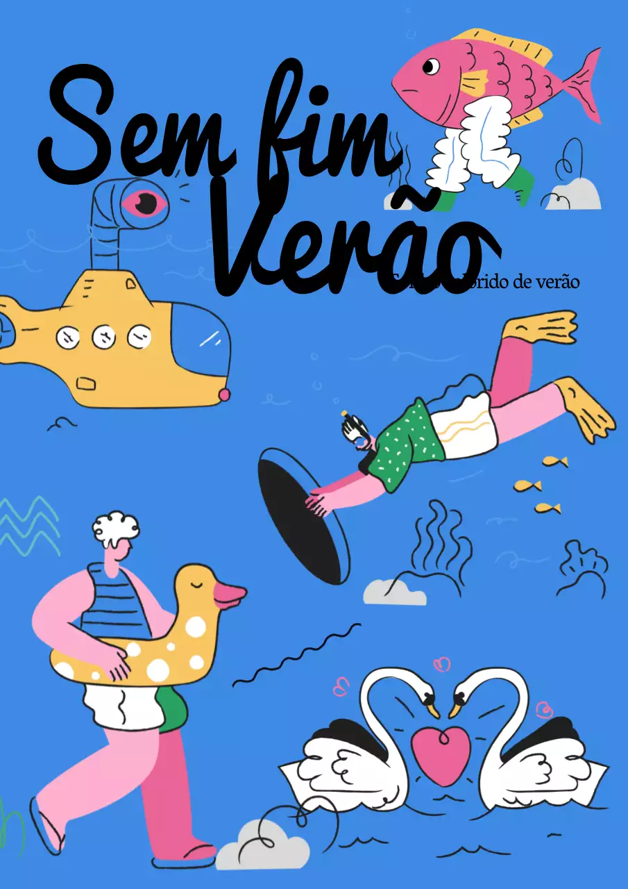 Promoção de verão com ilustrações artísticas sobre um fundo azul