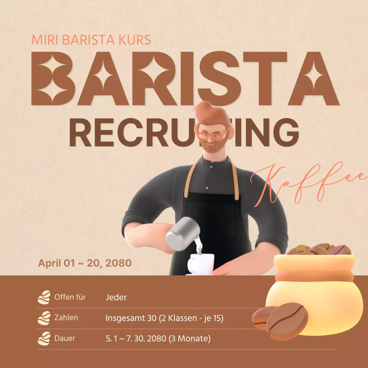Barista-Zertifizierungskurs in sanften Brauntönen mit 3D-Illustrationen