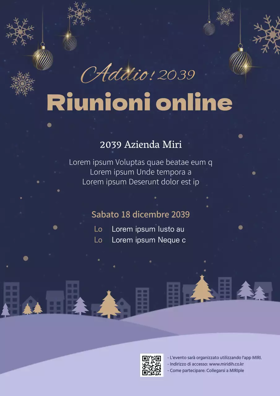 Invito online della società Miri, blu navy e oro, per la festa di fine anno.