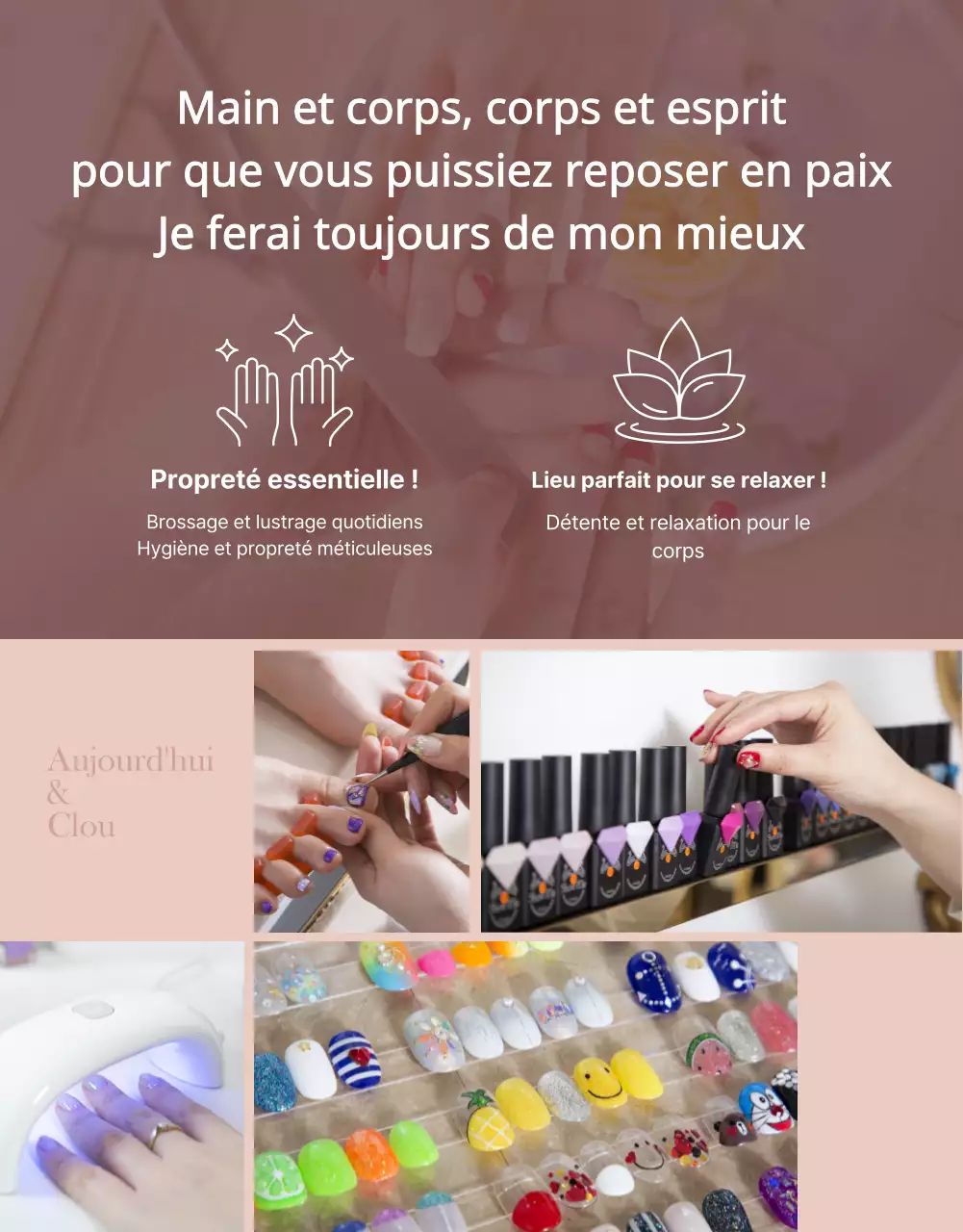 Thème promotionnel d'un salon de manucure au concept épuré, avec des tons de rose séché.