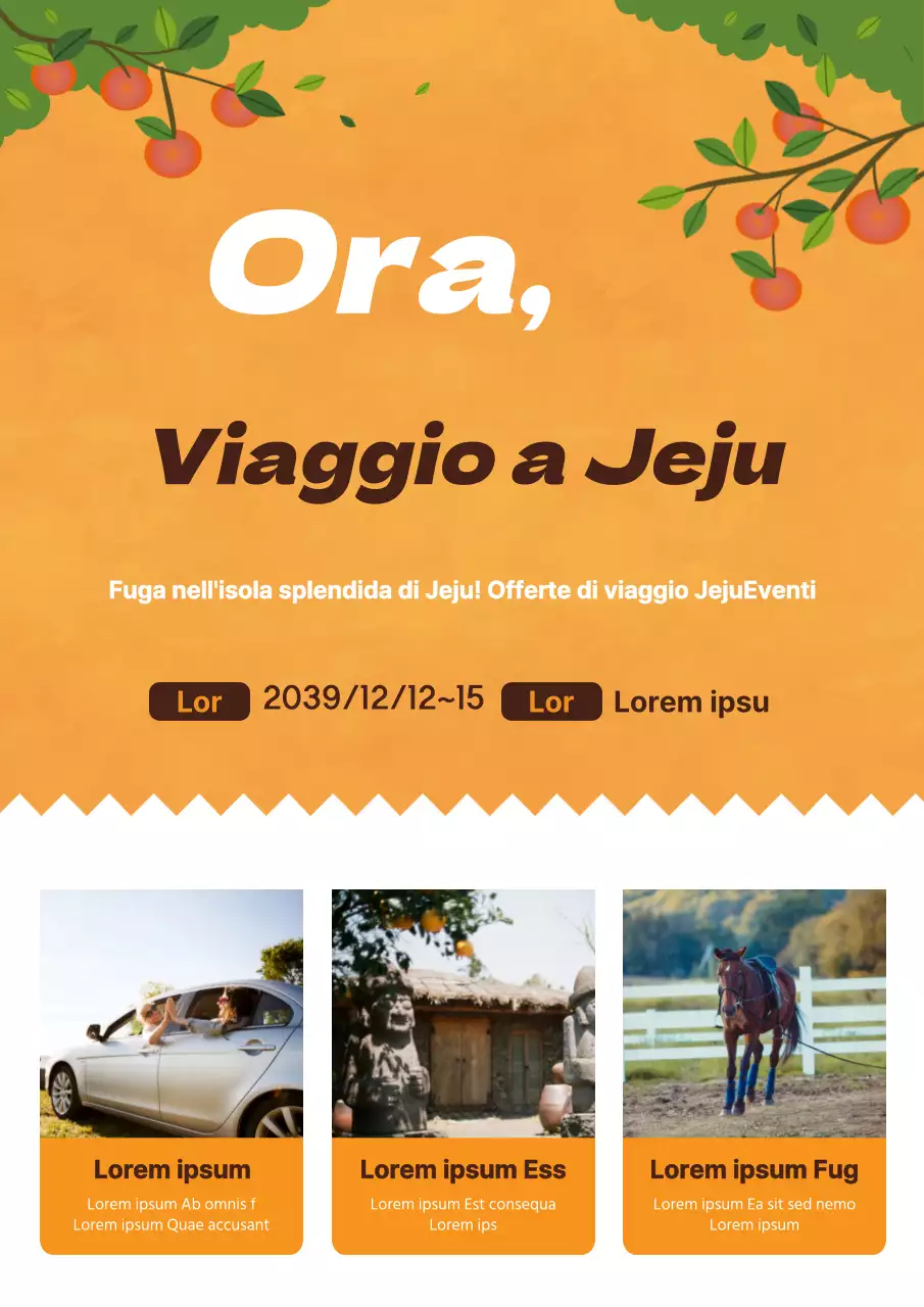 Volantino arancione e bianco che promuove un'offerta scontata dell'agenzia di viaggi