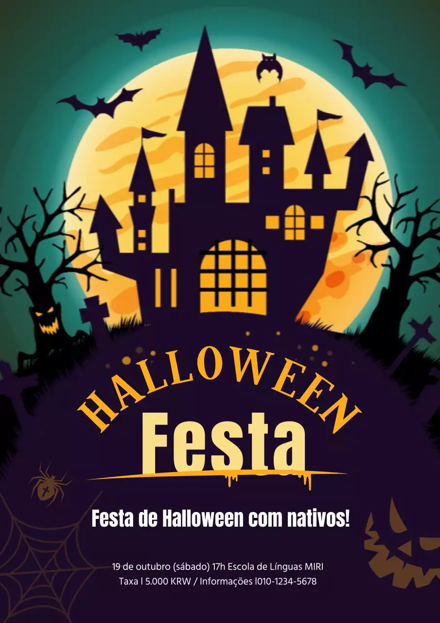Promover uma festa de Halloween de uma escola de inglês com um conceito giro que apresenta uma ilustração de um castelo assombrado a preto