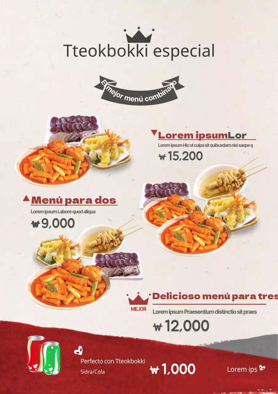 Promociona un menú discreto con fotos de fideos udon rojos y grises y guarniciones