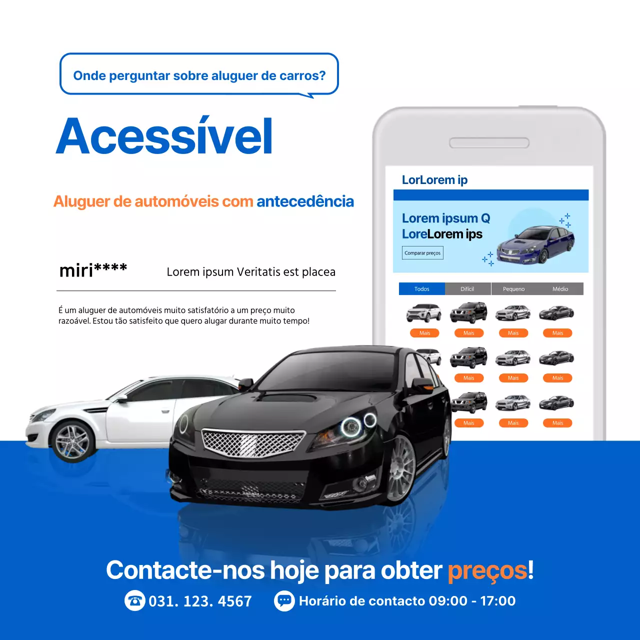 Apresentação da aplicação de aluguer de automóveis simple blue