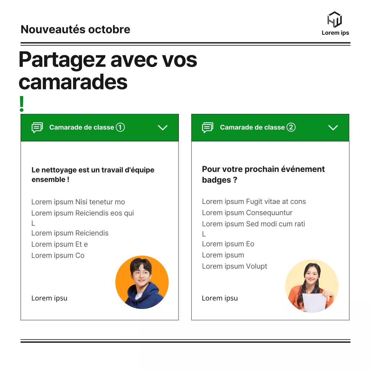 Lettre d'information mensuelle d'un département de licence d'une université avec un blog mignon, soigné et simple en vert et orange et des illustrations monotones de Notion.