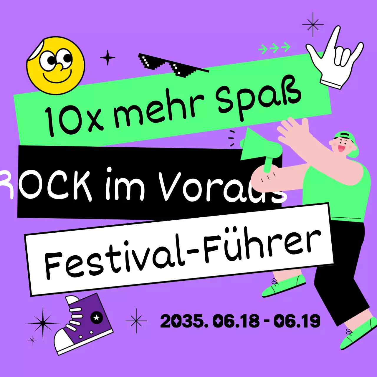 Sommerfestival-Rockband-Festivalführer mit klobigen, niedlichen und einzigartigen Illustrationen in Lila und fluoreszierendem Chartreuse.