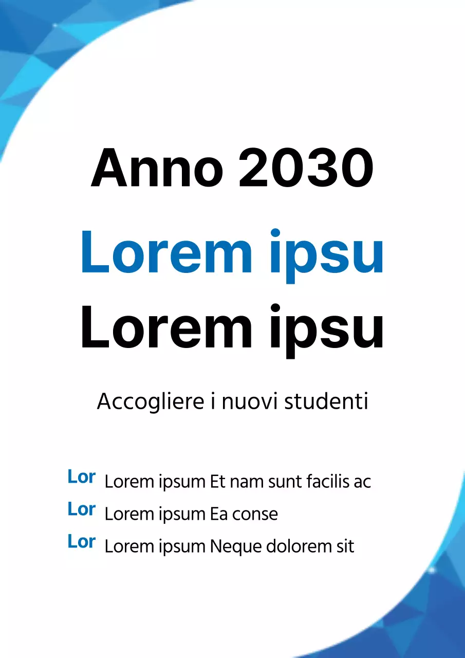 Un semplice volantino bianco e blu per un evento di benvenuto ai nuovi studenti dell'università