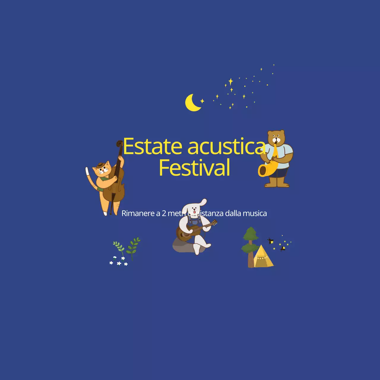 Promozione del festival con illustrazioni di vari animali nel cielo notturno che suonano strumenti musicali.