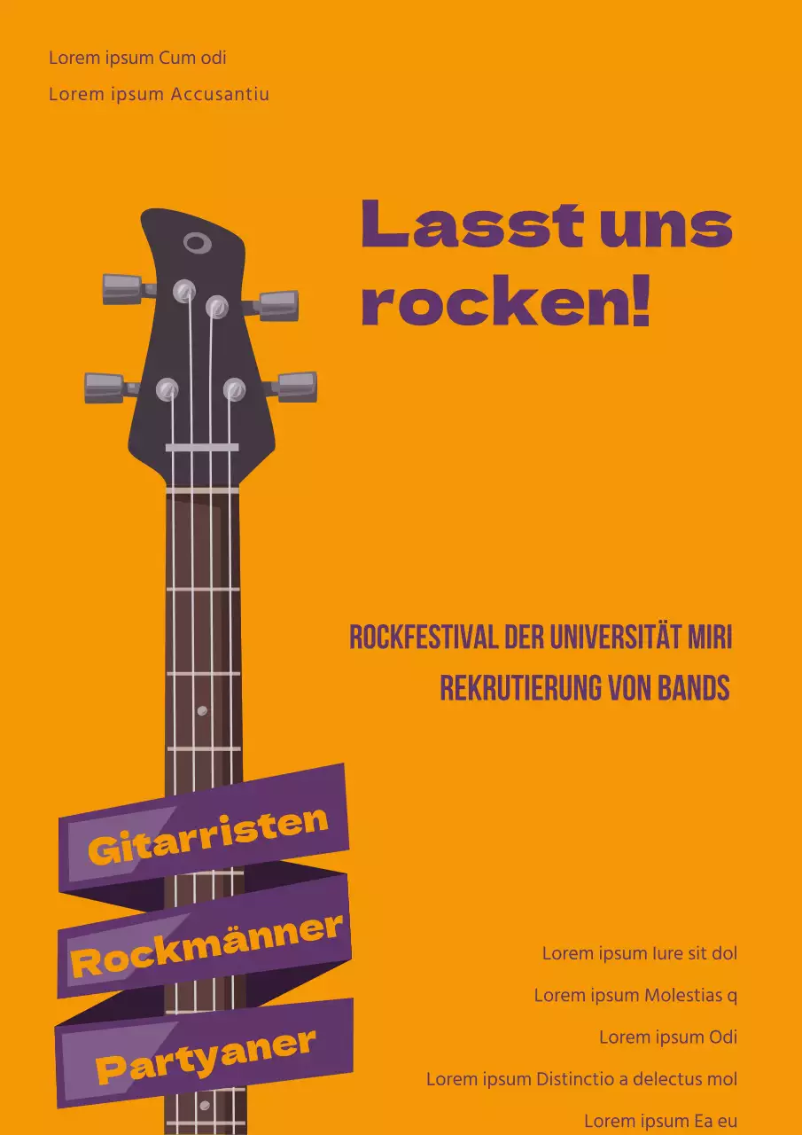 Einfache College-Rockfestival-Werbung mit orangefarbenen und lila Gitarren-Illustrationen