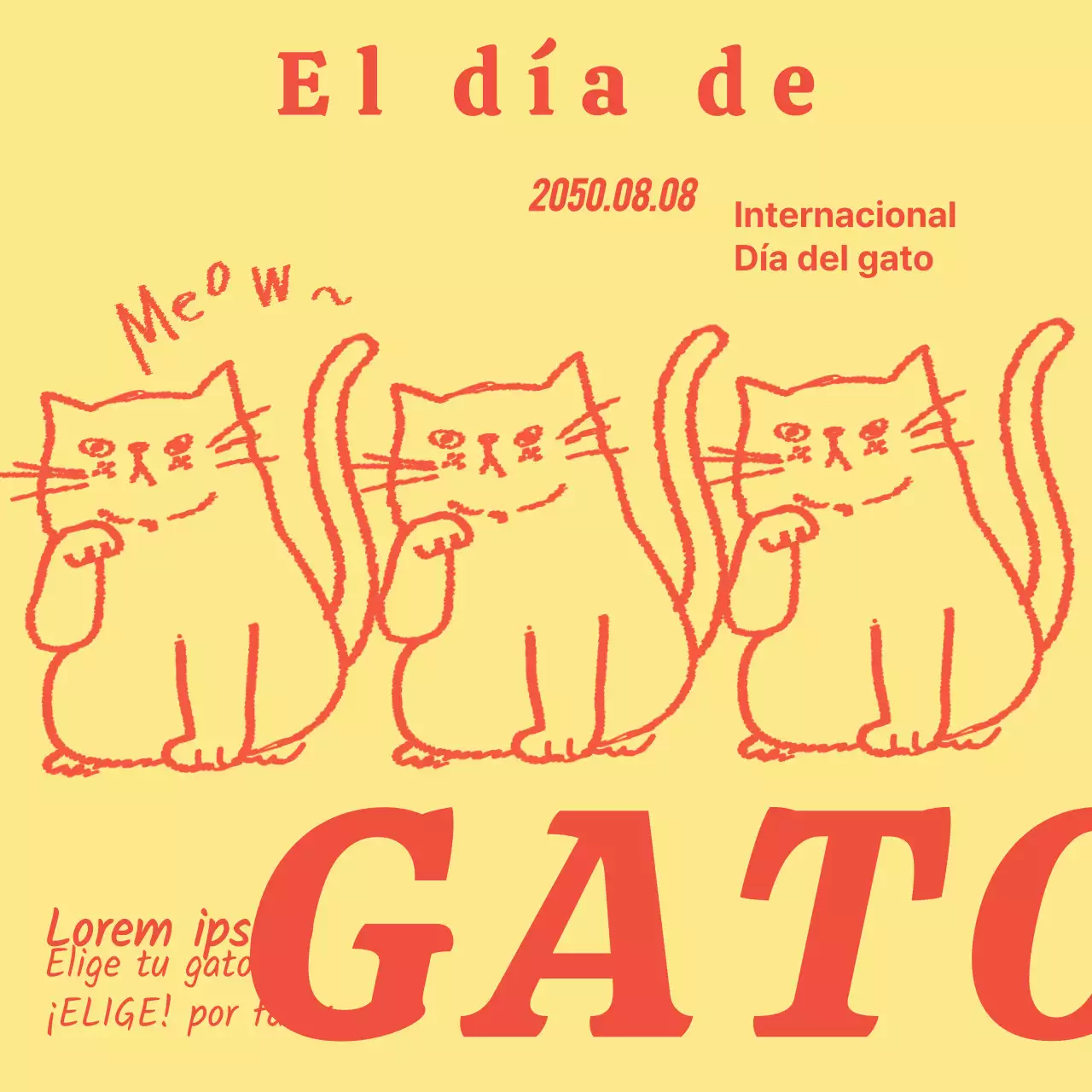 Un sencillo post del Día Internacional del Gato en amarillo y rojo