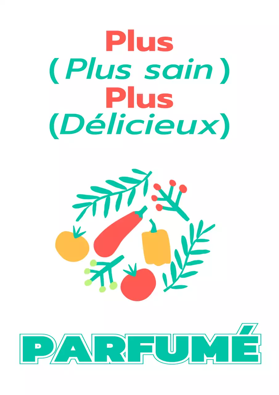 Pour la promotion d'un magasin de salades avec des illustrations simples de légumes et de plantes en turquoise et rouge.