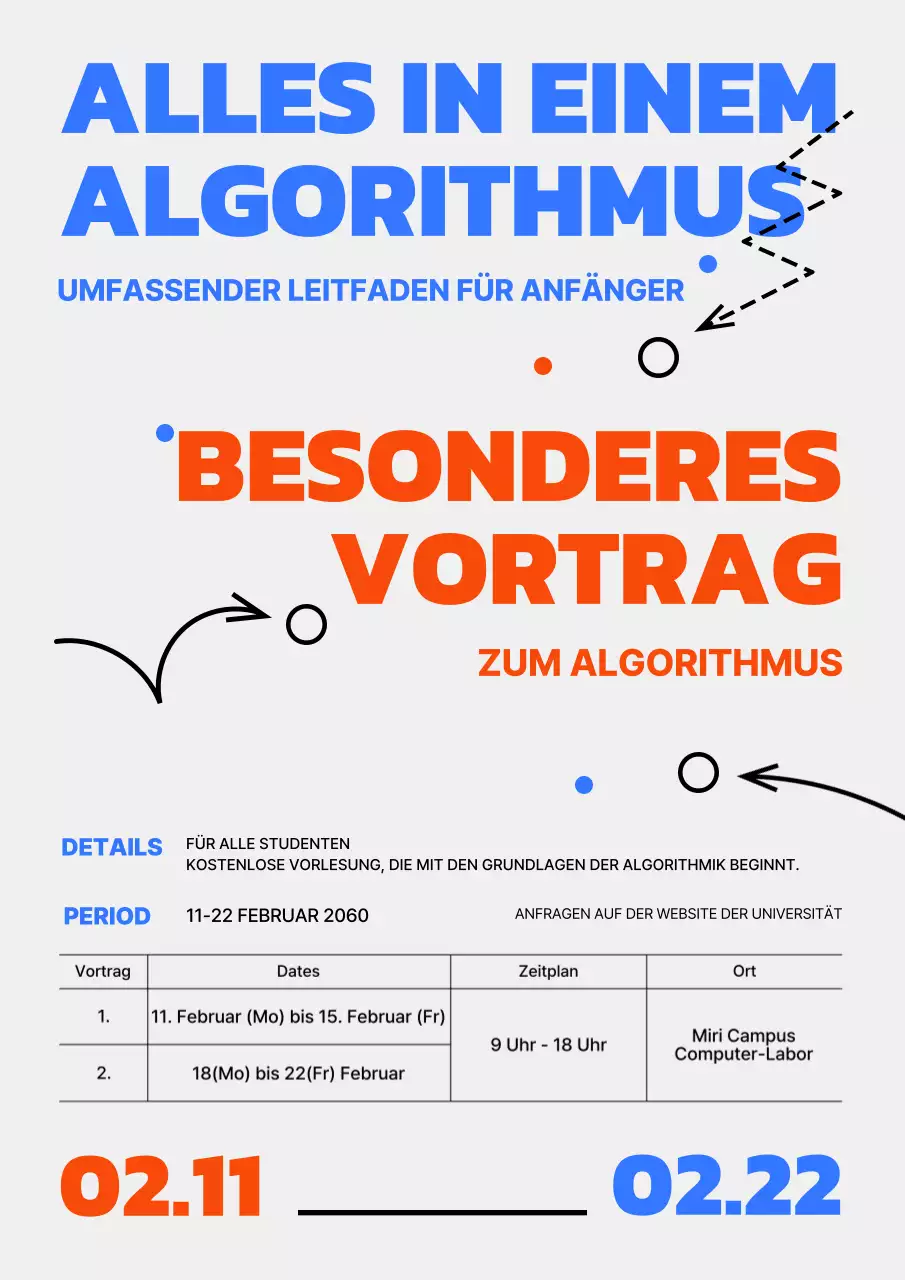 Werbung für einen Algorithmenkurs mit einem rot-blauen Titel auf grauem Hintergrund