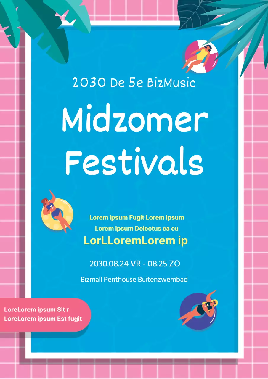 Leuke promotieflyer voor zomermuziekfestival in roze en lichtblauw
