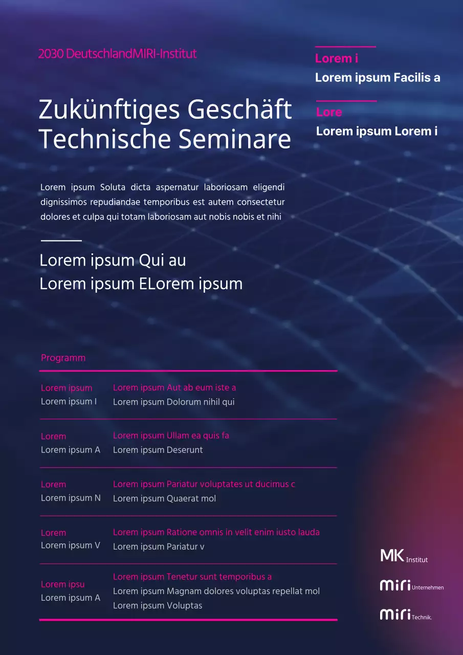 Werbung für ein technisches Seminar in blau-rosa