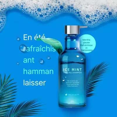 Promouvoir un shampooing rafraîchissant pour l'été avec une palette de couleurs bleu-menthe qui met l'accent sur une sensation de propreté, de fraîcheur et de fraîcheur.