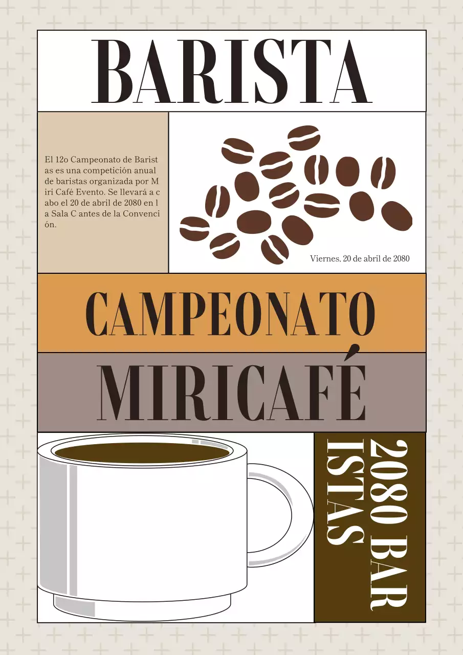 Campeonato de Baristas con ilustraciones de café en amarillo y marrón