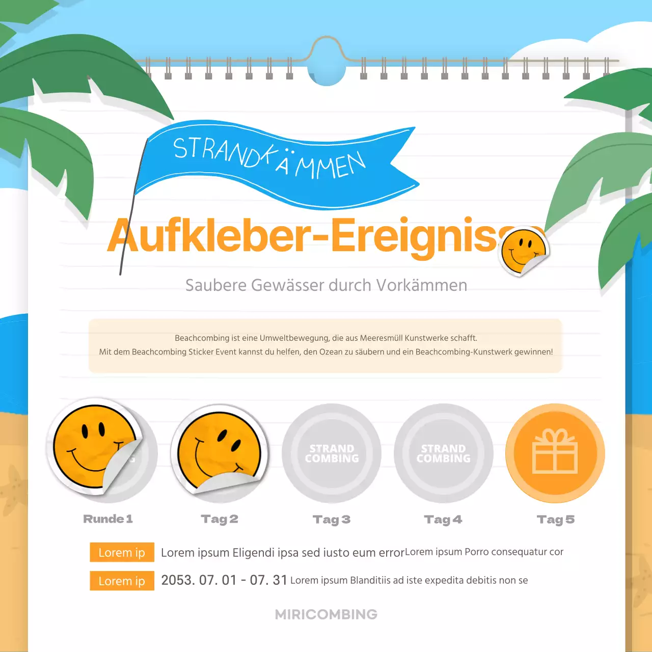 Blauer und gelber Beachcombing-Aufkleber Event