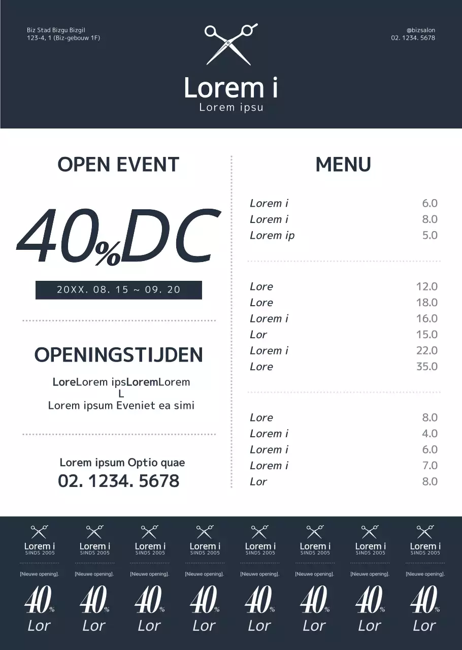 Eenvoudige, strakke stijl in donker marineblauw en wit Voor informatie en promotie van je schoonheidssalon.