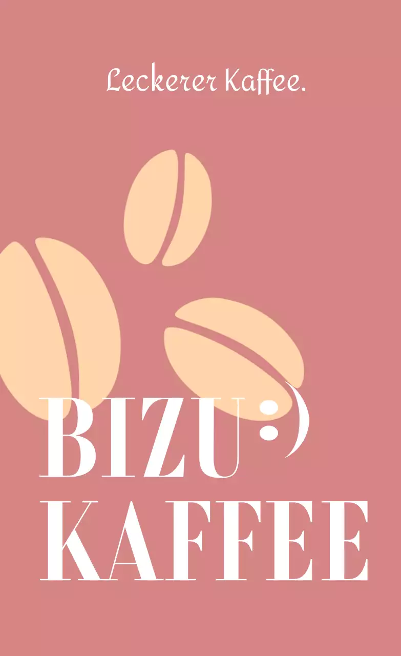 Eine klassische Café-Werbung mit weißem Text und einer Kaffeebohnen-Illustration in rötlich-maroon und hellgelb.