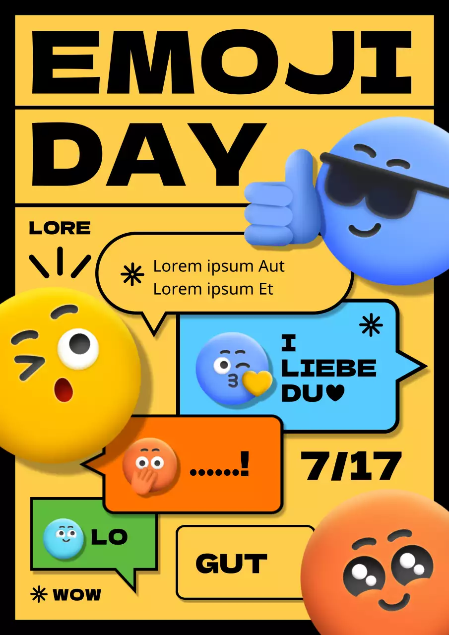 Bewerben Sie den Welt-Emoji-Tag mit bunten Emojis auf gelbem Hintergrund