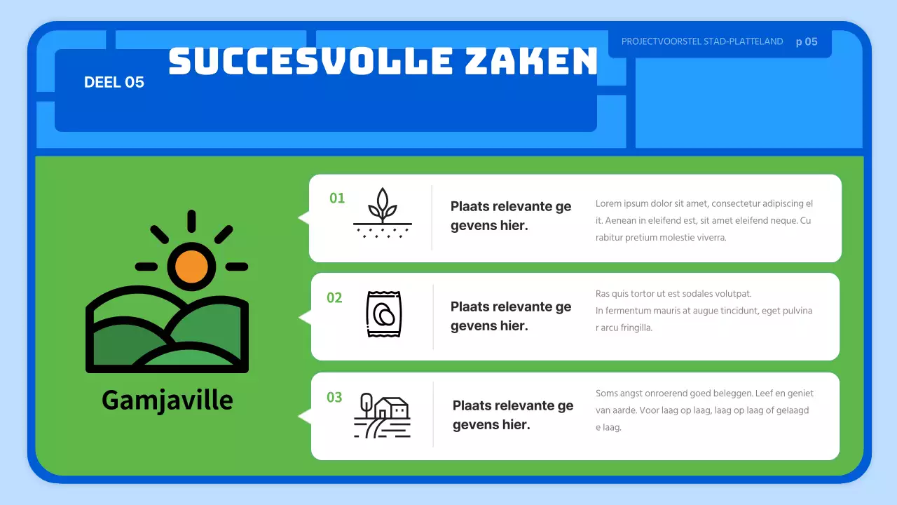 Lichtblauw schattig speelgoed-stijl boerendorp zakelijk voorstel