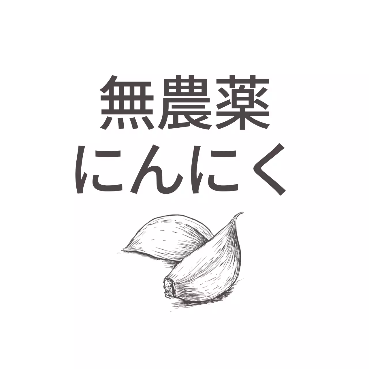 ダークグレーのテキストとニンニクのイラストで構成された無農薬認証のPR。