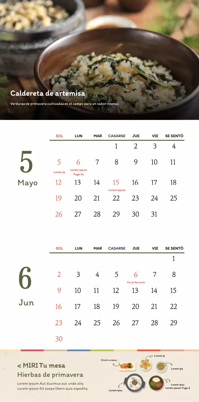 Concepto de restaurante coreano tradicional calendario de cupones en beige y marrón