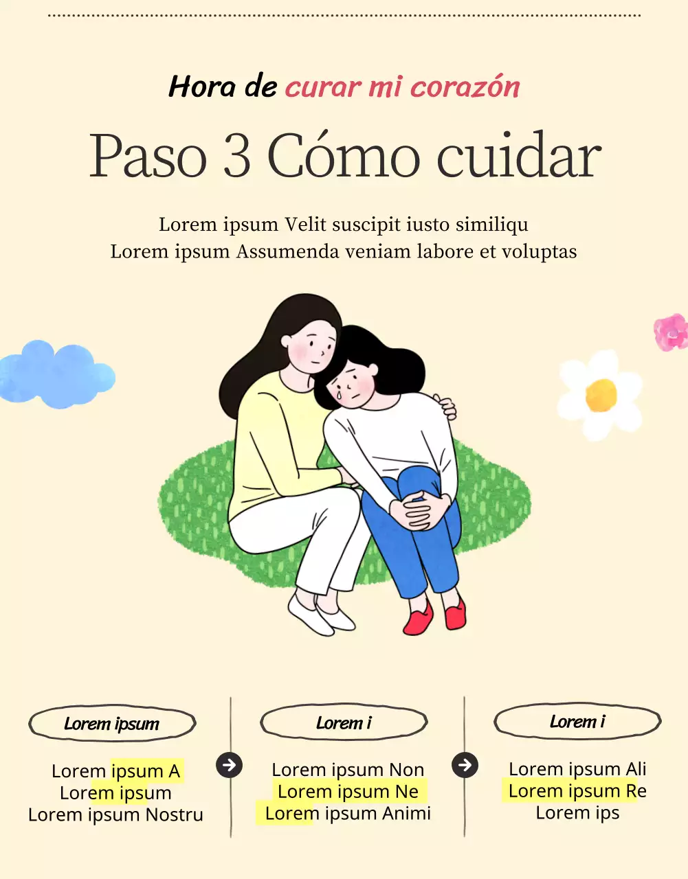 Un centro de asesoramiento psicológico para jóvenes con ilustraciones cálidas y acogedoras en beige y colores primarios.