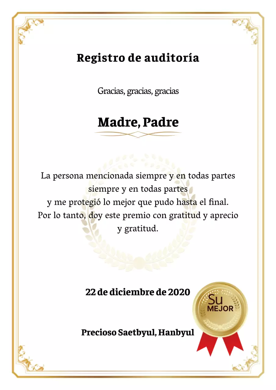 Póster con diseño de carta de agradecimiento a los padres en blanco y dorado