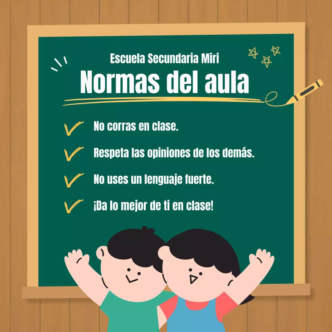 Aviso de nuevo semestre de escuela primaria con grano de madera marrón y fondo de pizarra verde