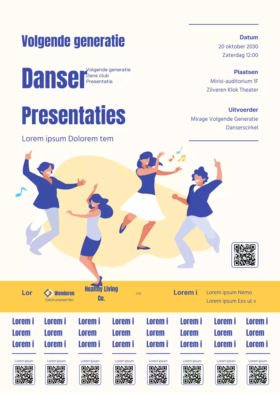 Eenvoudige illustratiestijl in blauw en geel voor het aankondigen en promoten van informatie over danserrecitals