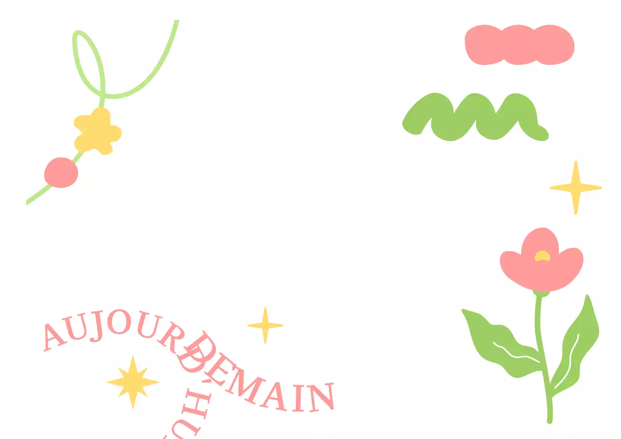 Promouvoir un café avec des formes simples et des illustrations florales en rose, vert et jaune.