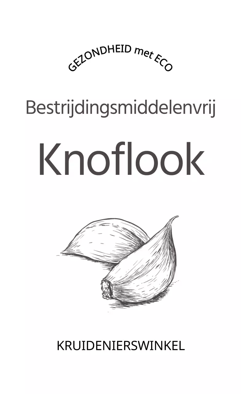 Promoot pesticidevrije certificering met donkergrijze tekst en een afbeelding van knoflook