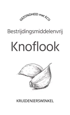 Promoot pesticidevrije certificering met donkergrijze tekst en een afbeelding van knoflook