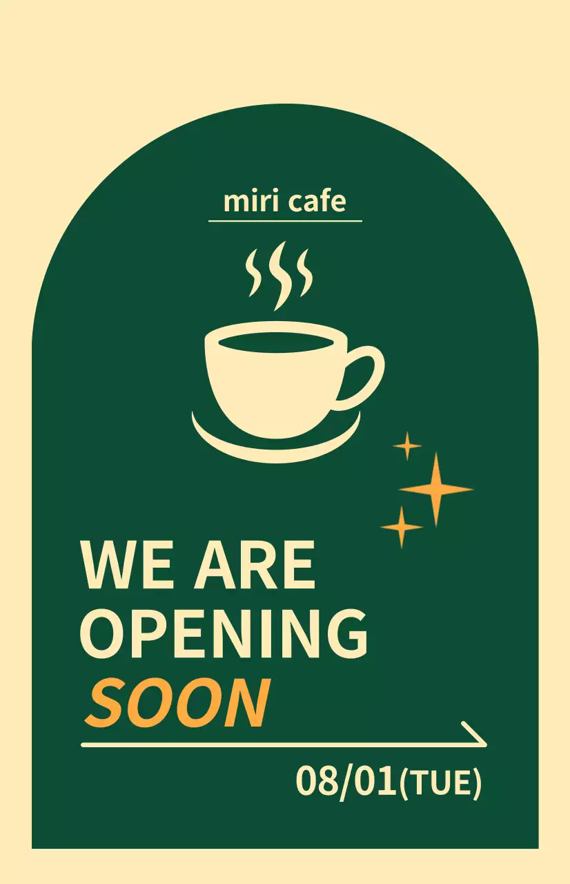 淡い黄色と緑色の背景のコーヒーアイコンが入ったオープン予定ウィンドウフラグ