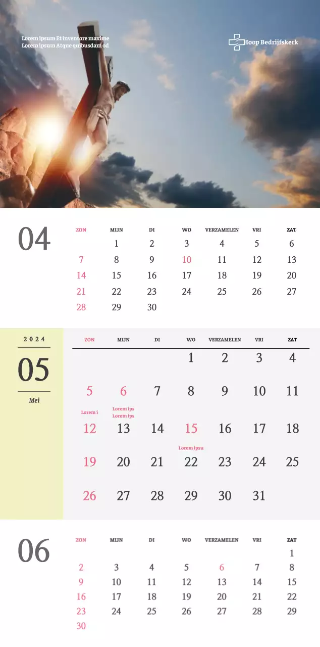 Eenvoudig concept kerkelijke muurkalender in zwart-wit met emotionele religieuze foto's