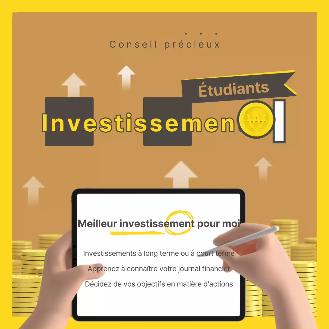 Une combinaison d'illustrations 3D et de typographie dans une couleur jaune ocre Thème de l'étude conceptuelle sur l'investissement