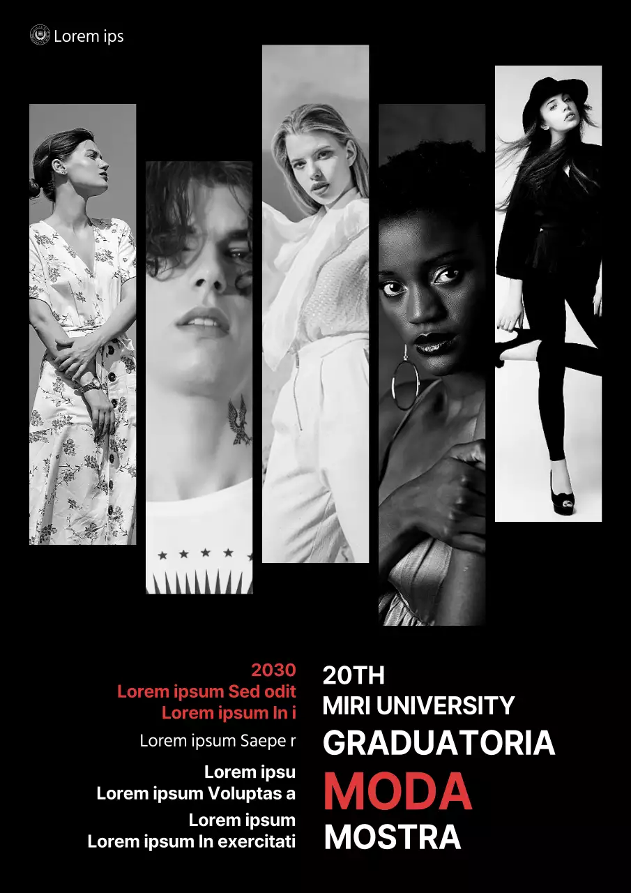 Mostra di laurea del dipartimento di fashion design moderno in bianco e nero
