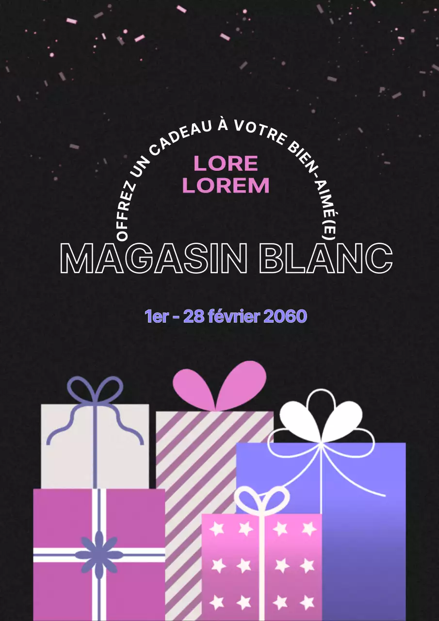 Le contenu de la boutique de cadeaux de la Journée Blanche, dans un style épuré noir et violet