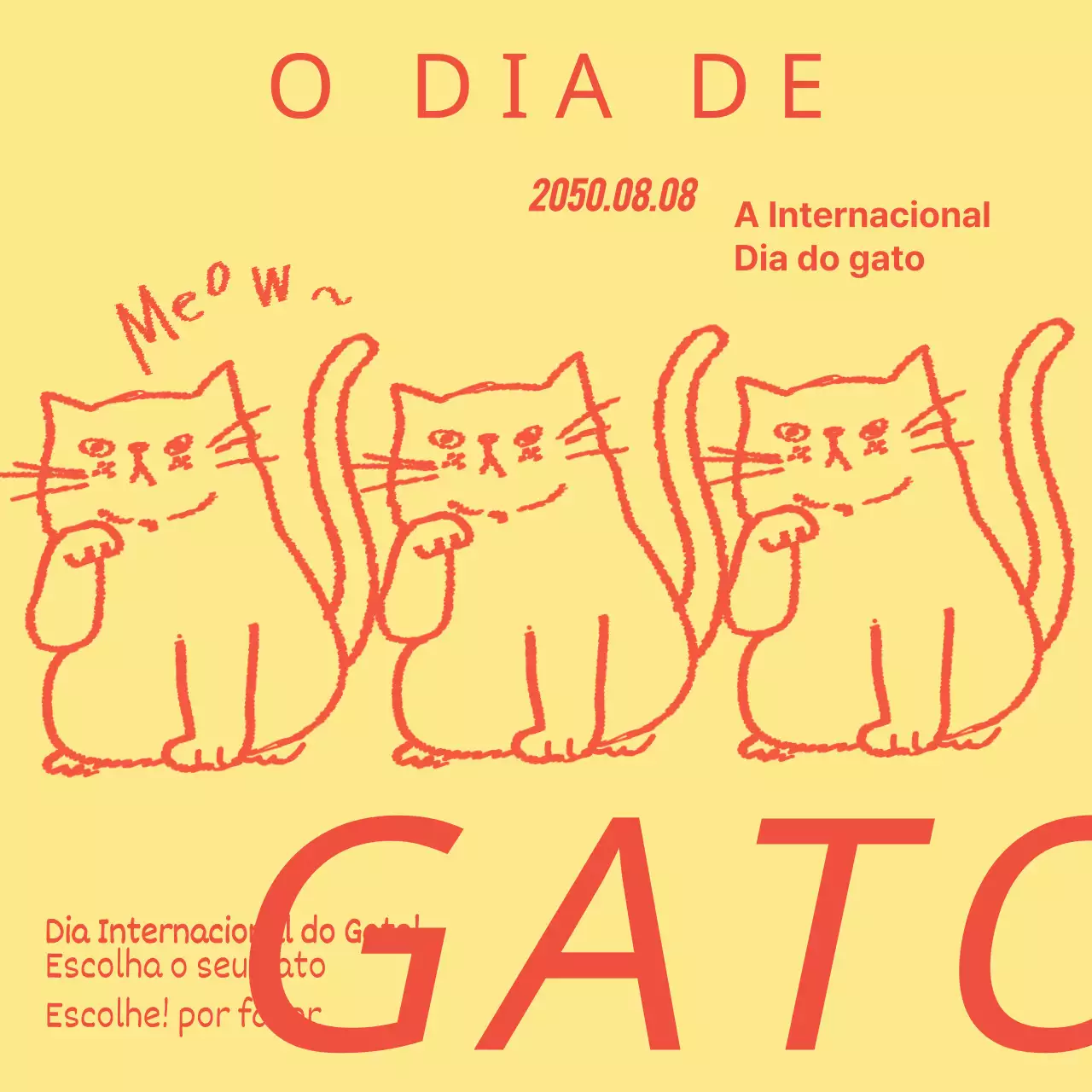 Um simples post do Dia Internacional do Gato em amarelo e vermelho