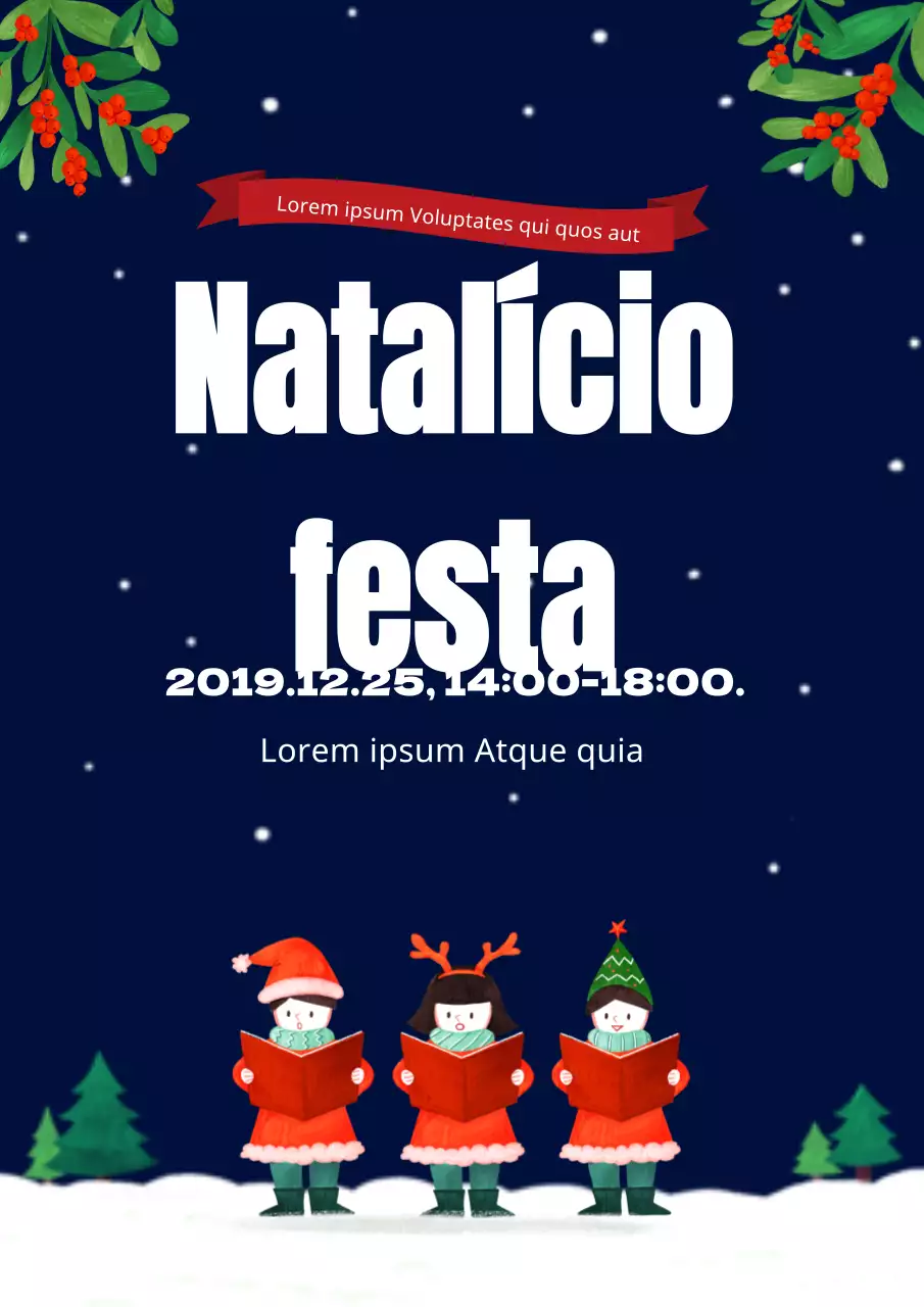 Cartaz da cerimónia de Natal para a igreja com ilustração de crianças a cantar Starry Sky em azul-marinho