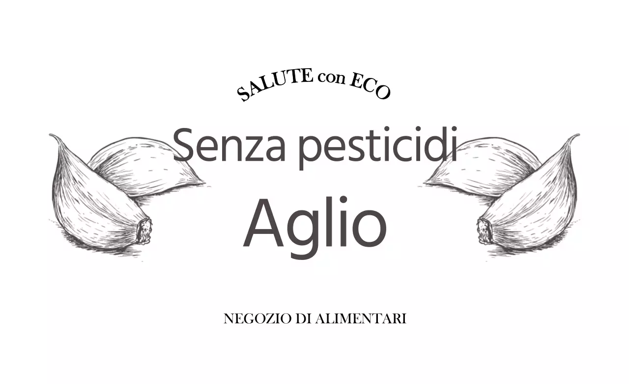 Promuovere la certificazione di assenza di pesticidi con un testo grigio scuro e un'illustrazione di aglio.
