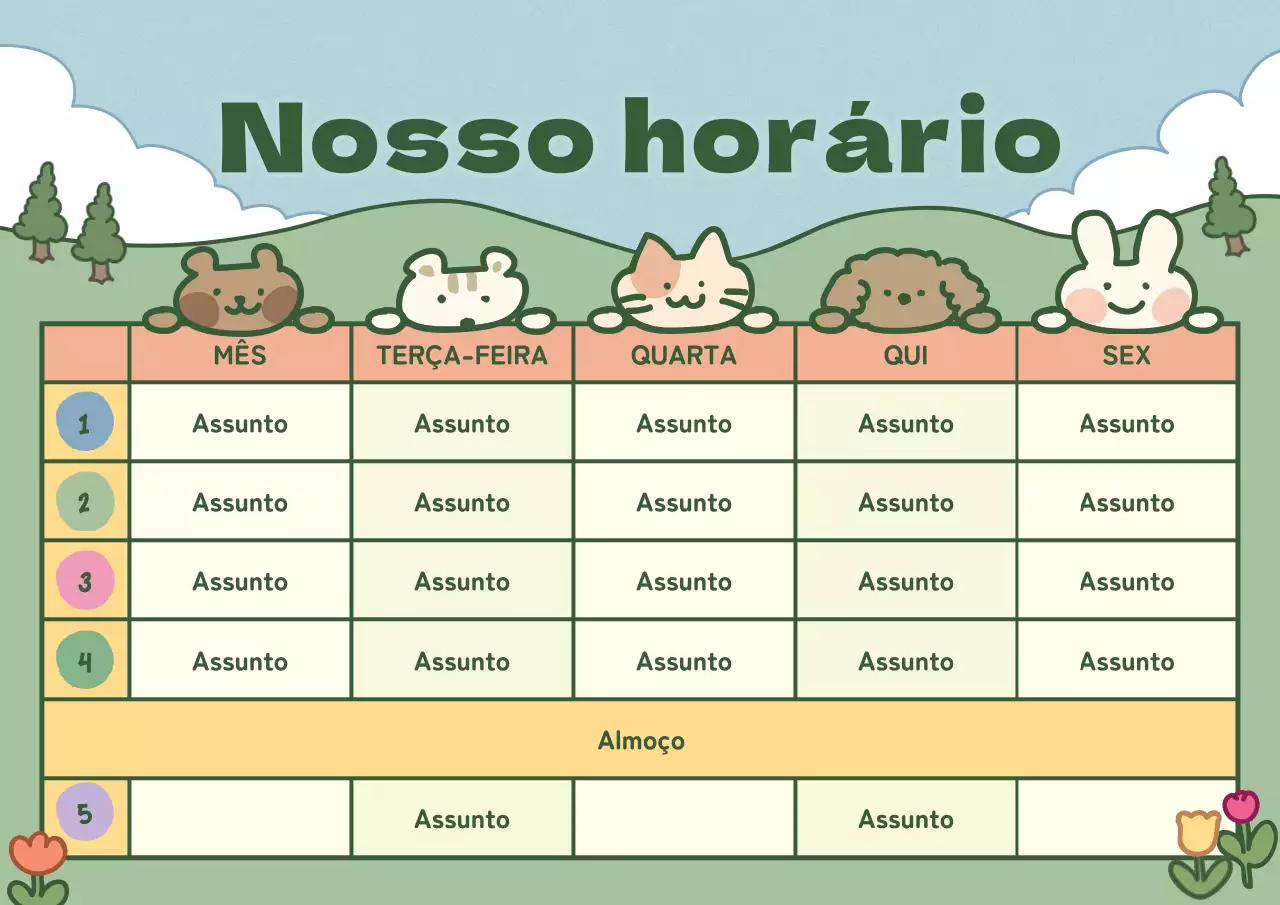 Horário com ilustrações giras em azul claro e verde