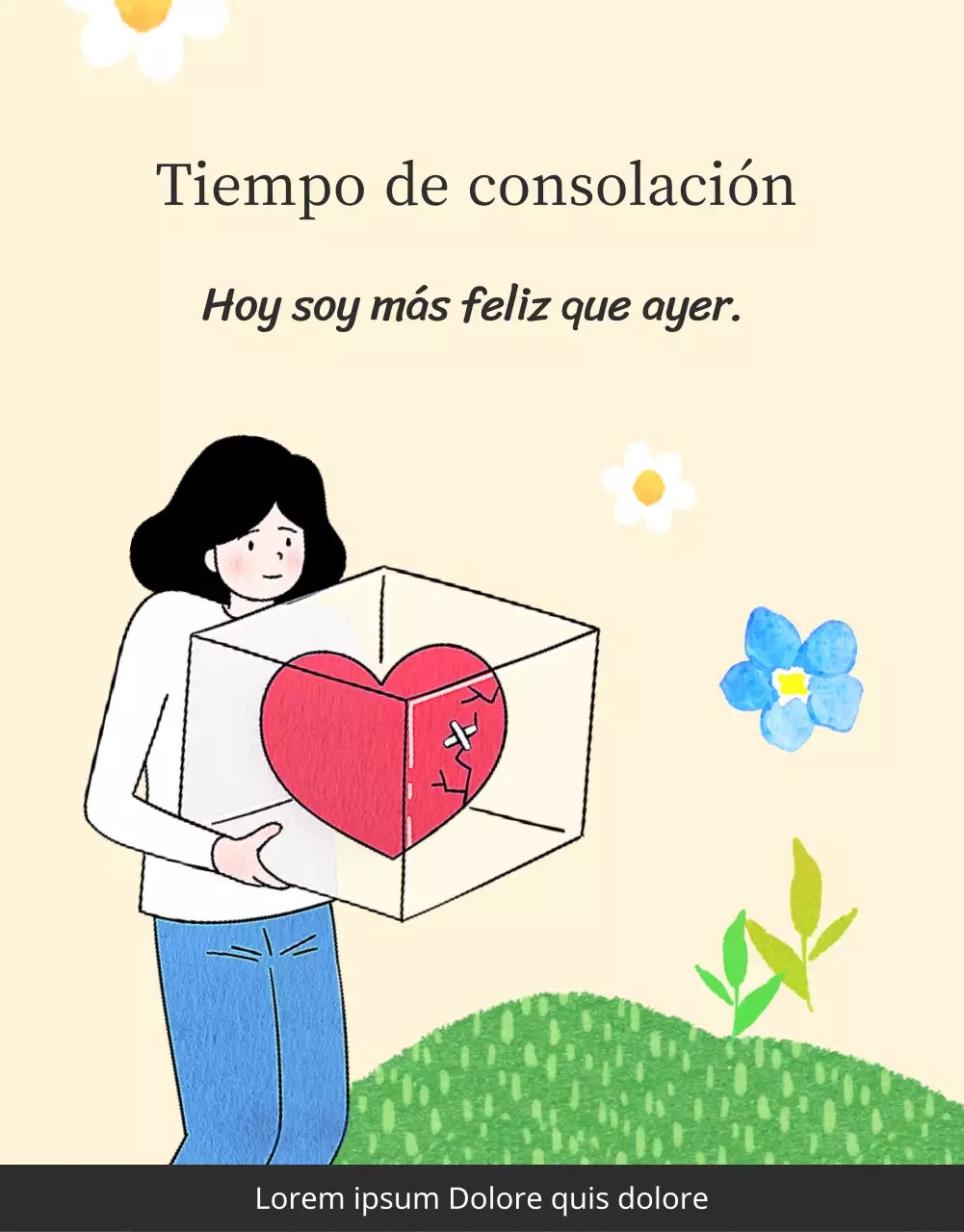 Un centro de asesoramiento psicológico para jóvenes con ilustraciones cálidas y acogedoras en beige y colores primarios.