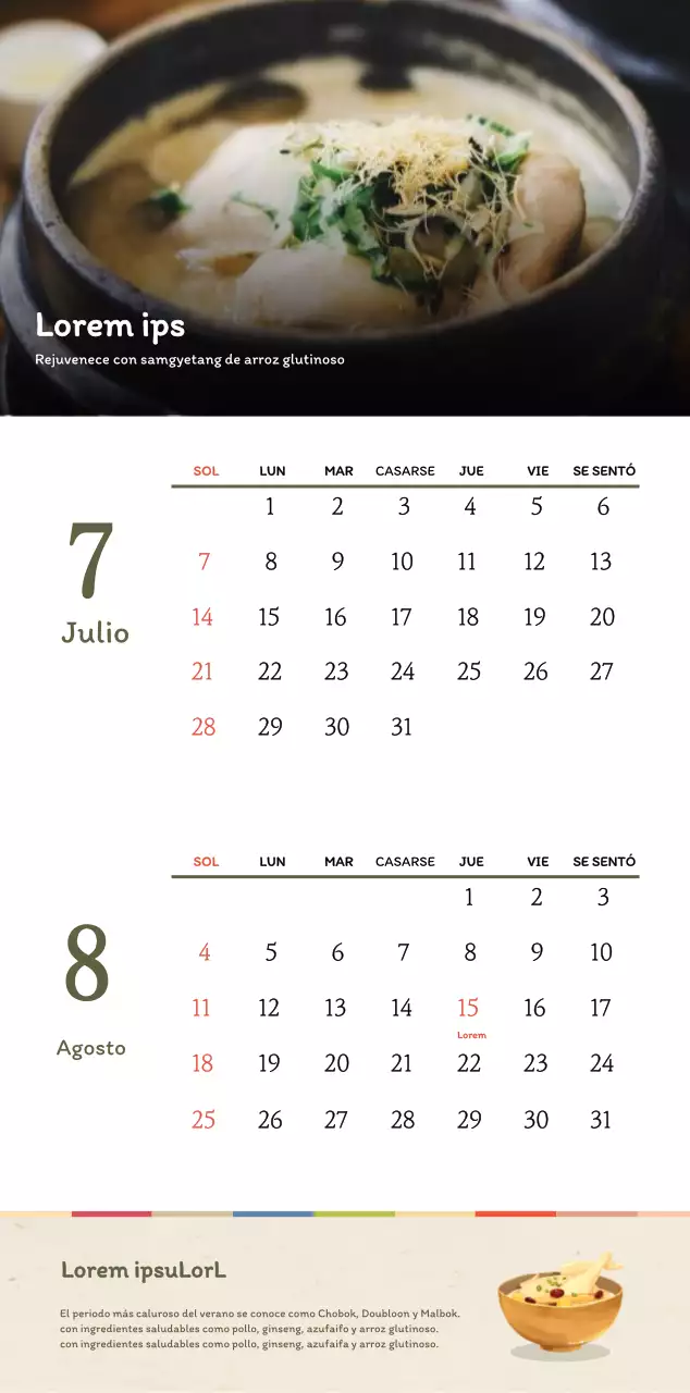 Concepto de restaurante coreano tradicional calendario de cupones en beige y marrón