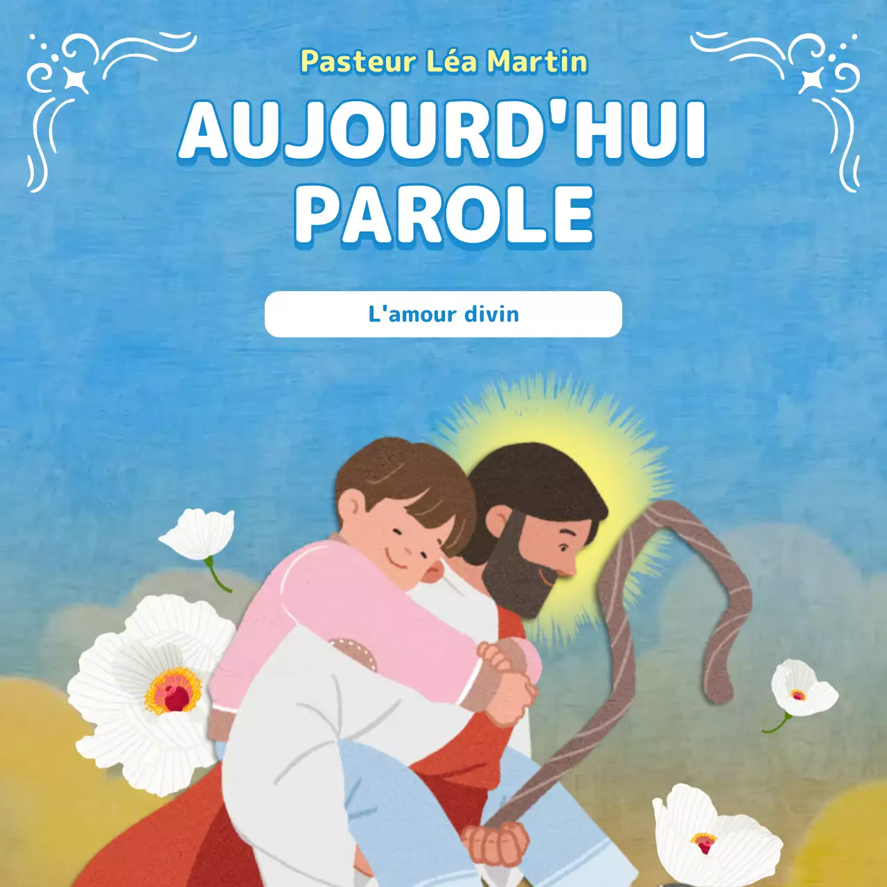 Bulletin de culte dans les tons bleu clair avec des illustrations chrétiennes