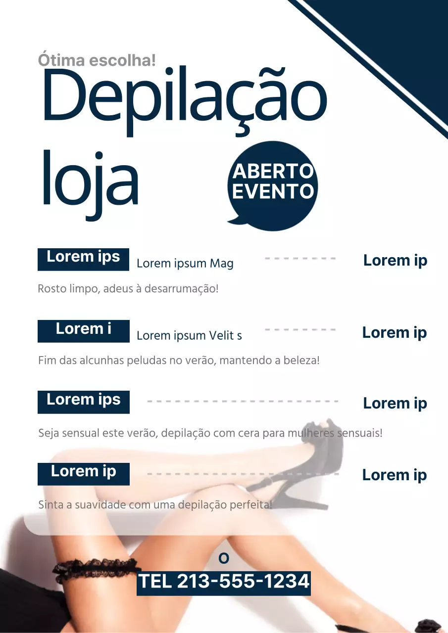 Placa de menu simples de um salão de depilação com uma fotografia de uma modelo de perna azul-marinho